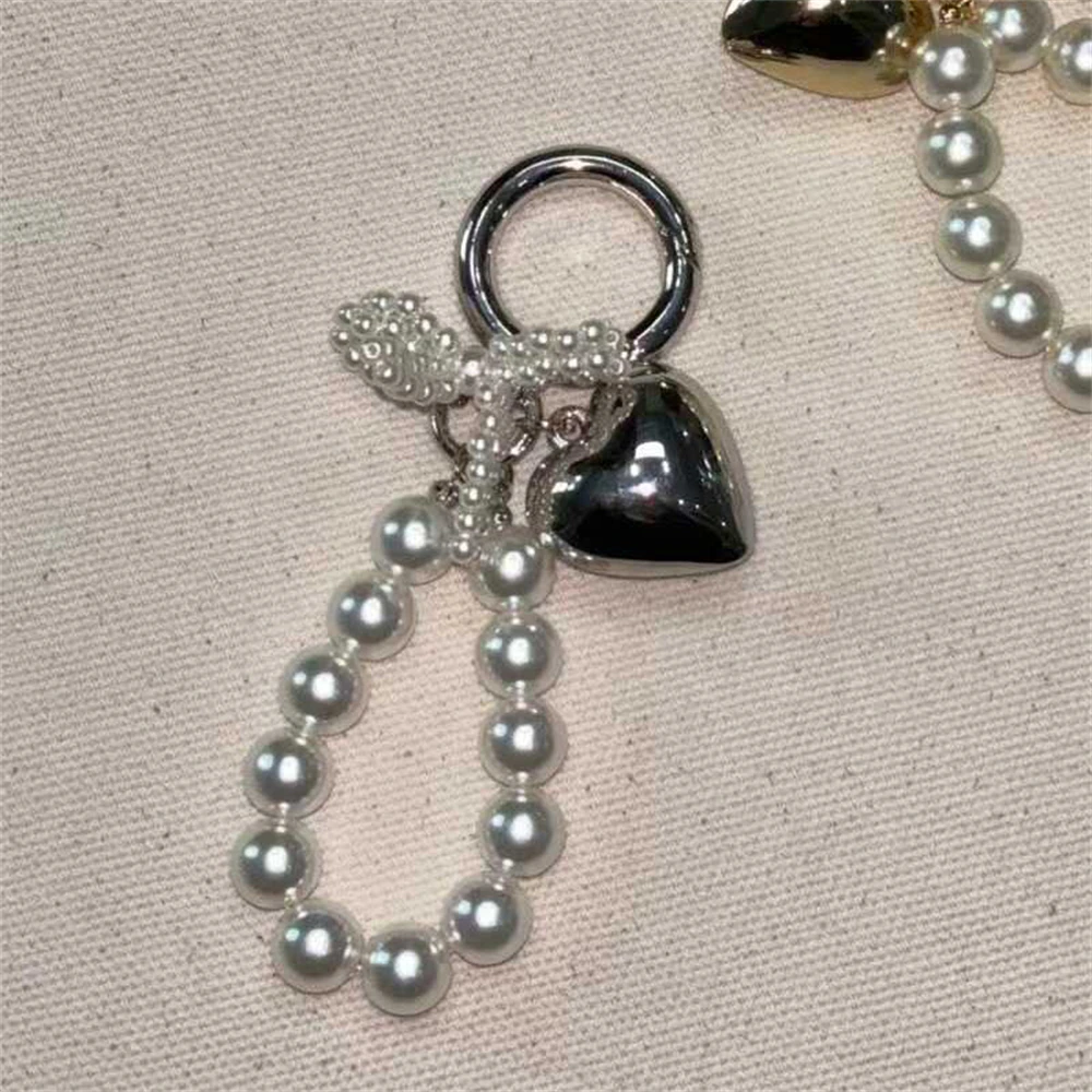 Ins Korean Simpe Heart Bow Pearl Phone Charm Strap Pendant For iPhone Samsung Accessrioes Bag Keyring Woman Chain Hanging Rope