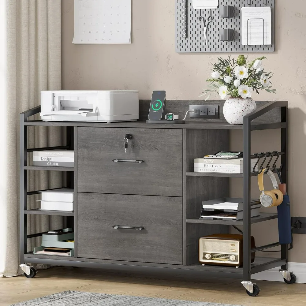 

Filing Cabinet Fits Legal/Letter Size, 2 Drawer File Cabinets for Home Office with Lock, Power Strip, 6 Storage Shelves, Grey