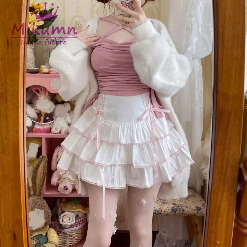 Mikolumn w japońskim stylu Harajuku dziewczyny Kawaii koronka plisowana spódnica kobiet z wysoką talią kokardka sznurowana wróżka Y2k estetyczna