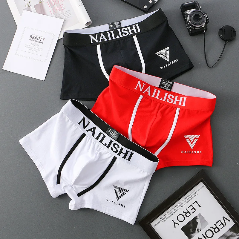 2 Piece Men\'s Underwear Burst of Cotton Breathable Youth Boxer Shorts Letter Trend Mid-waist Quadrangle Shorts Flat Corner Perso