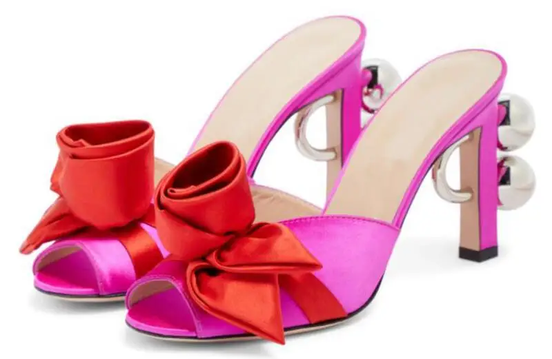 Hot Pink Yellow Satin Flower Peep Toe Slippers Women Metal Ring Ball Strange Block Heel Mules High Heel Sandals Shoes Size 43