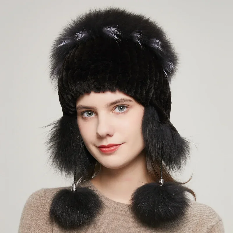 

Otter Rabbit Fur Hat Autumn and Winter Fashionable Elastic Women's Warm Woven Fox Fur Ear Protection Hat