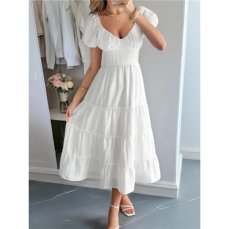 A09P Abito longuette casual estivo da donna Abiti gonfi a maniche corte con scollo a V e volant a strati