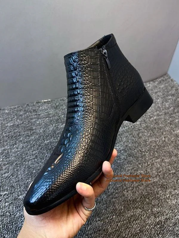 Picture 3: Black Crocodile Embossed Leather Chelsea Boots for Men Pointed Toe Side Zipper Low Heel Business Ankle Boots Trendy Men's Boots