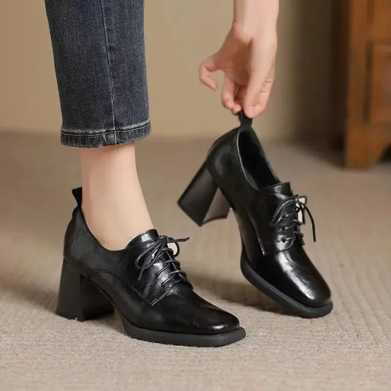 

Leather shoes for women 2026 vintage style paired with British style high heels for women
