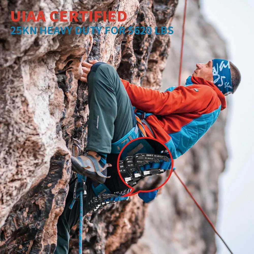 Mosquetón de bloqueo automático: mosquetones de escalada resistentes con certificación UIAA para escalada en roca, acampada, rappel, caza