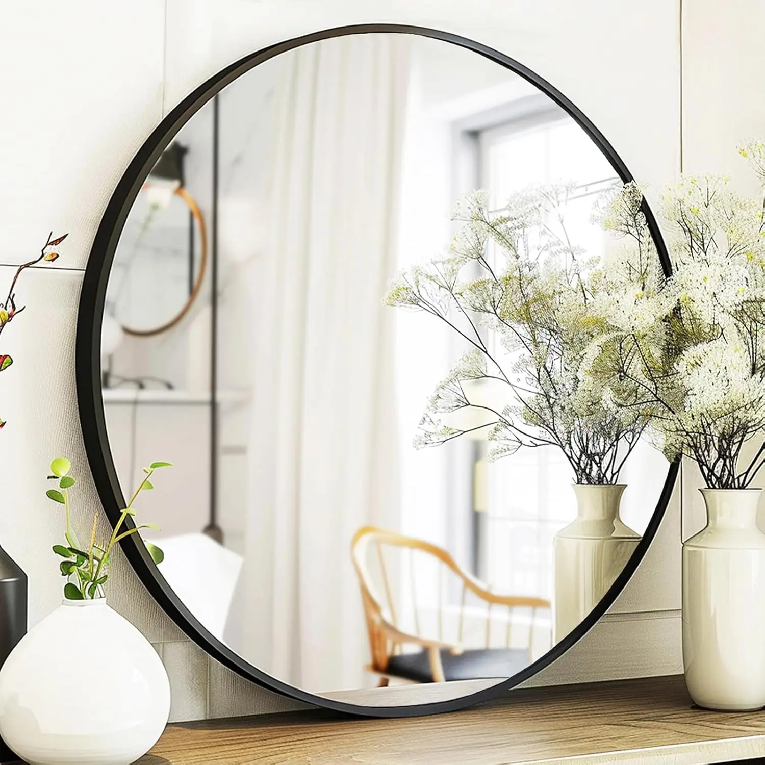 

Black Round Mirror, Round Mirror 24 inch, Black Circle Mirror Metal Frame, Round Wall Mounted Mirrors for Living Room, Bathroom