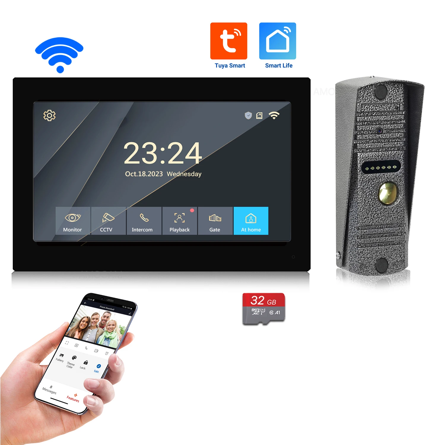 Video Intercom System 1080P Video Doorbell Phone Camera, WiFi Touch Monitor, 32G Card Auto Record TUYA APP 2 Way Intercom Unlock