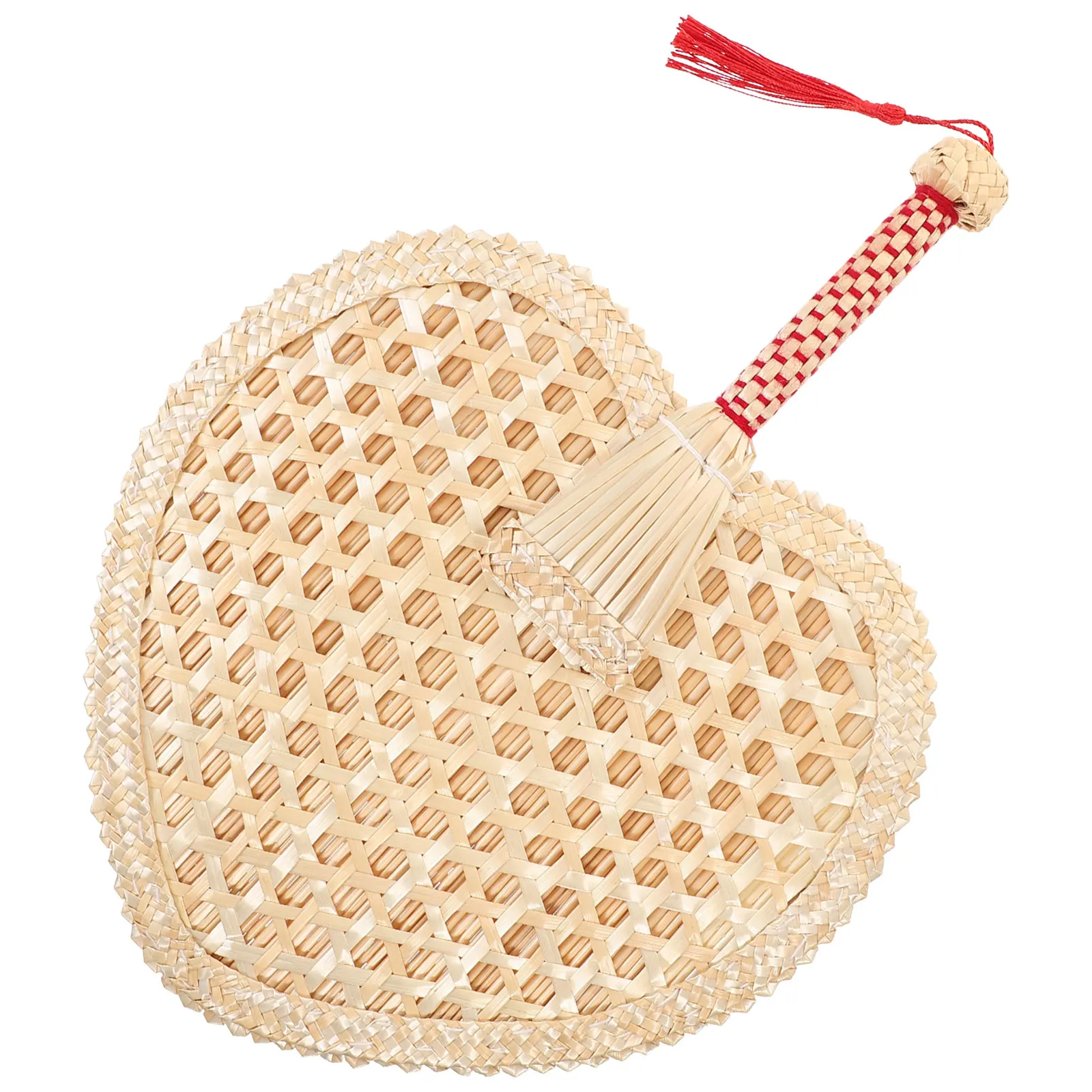 

Heart Shaped Wheat Straw Fan Handmade Decorative Lightweight Summer Party Beach Eco Friendly Fringe Red Rope Handle Craft Fan