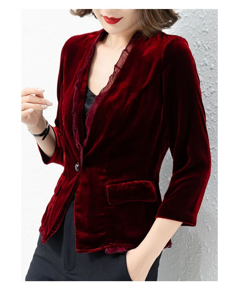 2025 Spring Women Vintage Ruffles Wine Red Cardigan Velvet Coat , Woman Clothing Short Slim Fall Velour Coats