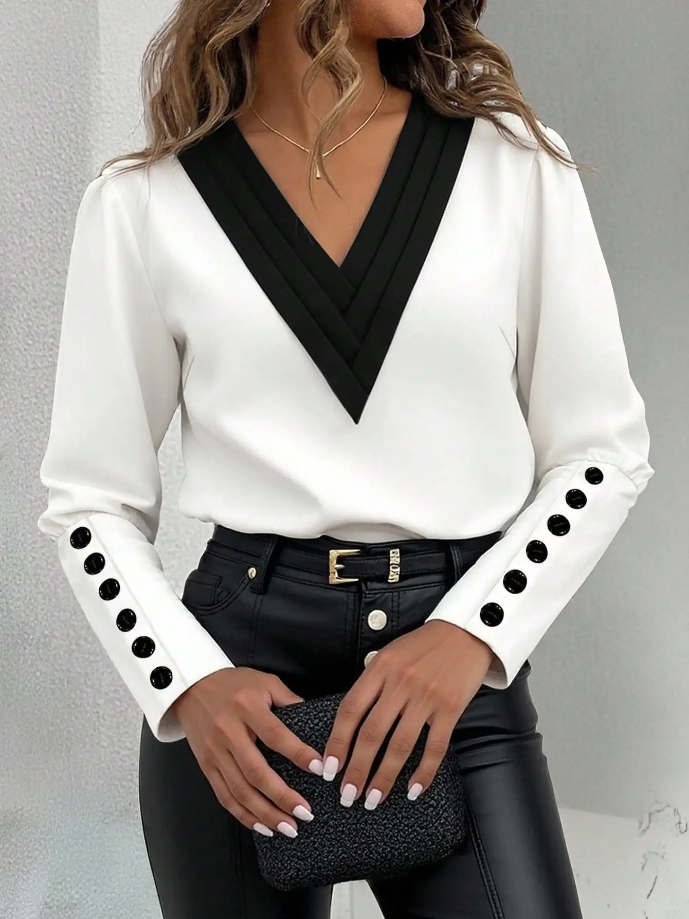 

Women's Contrast V-Neck Lantern Sleeve Blouse with Button Cuff Detail