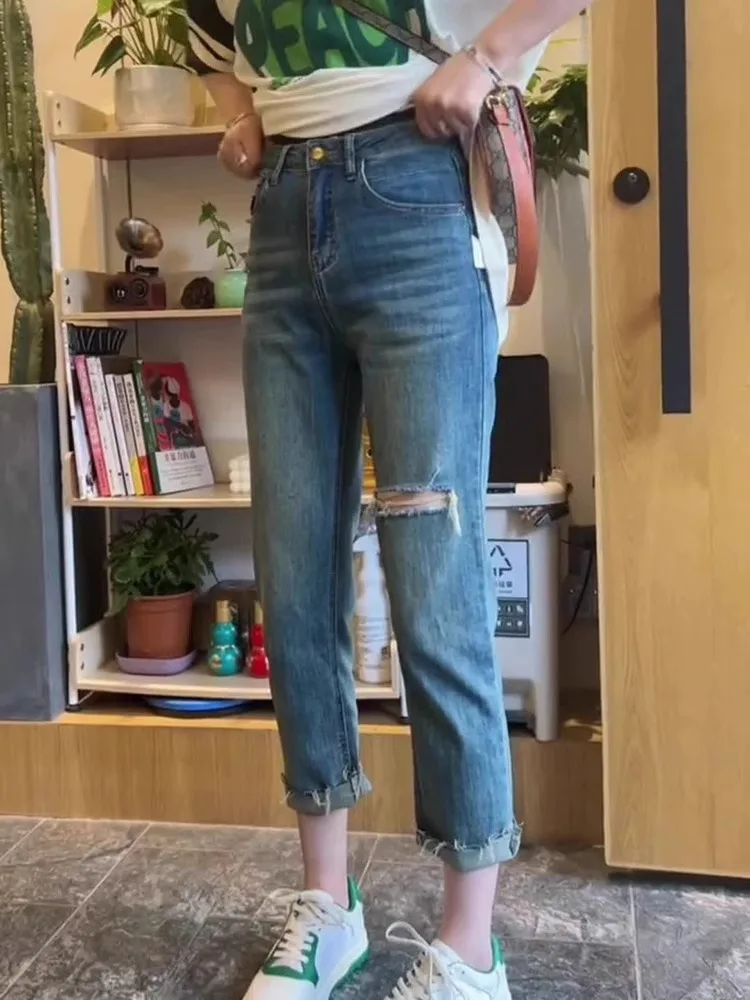 

Summer Thin Retro Hole Straight Leg Jeans Women's plus Size High Waist Slimming Nine Tube Elastic Cotton Denim Pants