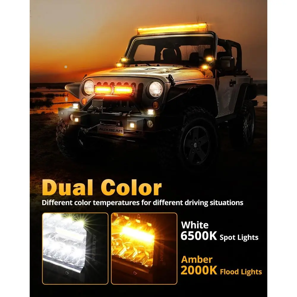 4 Barre luminose LED bicolore ambrate/bianche da 120 W con stroboscopiche, spot e raggi di inondazione per fuoristrada, coppia di supporti su montante A o paraurti