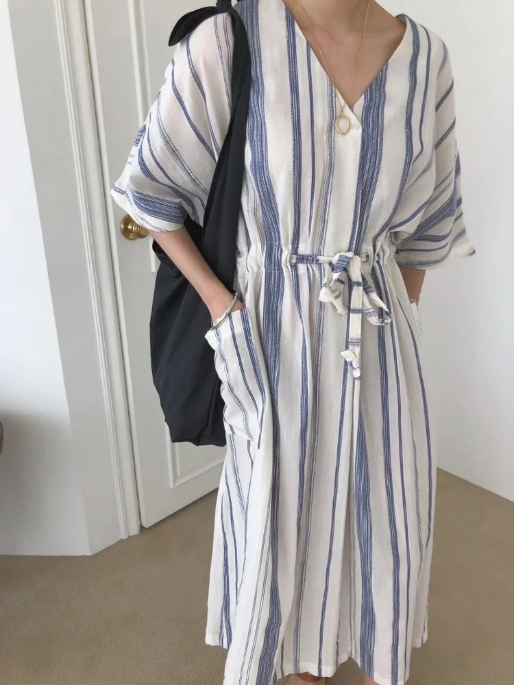 Women's Vintage V Neck Long Striped Shirt Dress Summer Drawstring Waistbelt Single Breasted A-line Midi Sundress Female 2025