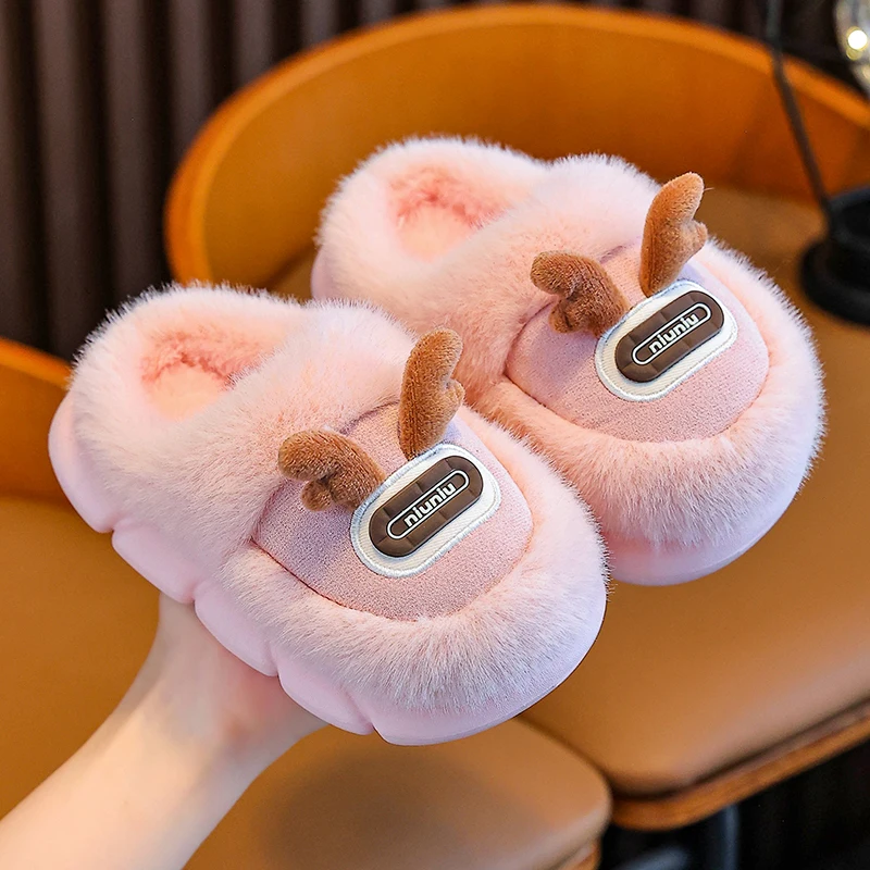 

Children's Slippers Plush Cartoon Deer Antlers Warm Indoor Home Kids' Slippers