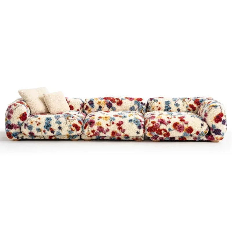 Italian minimalist, flowery fabric sofa, light luxury, large flat-floor living room, fabric straight row dopamine sofa