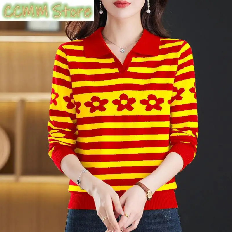 

New Korean Simple Temperament Versatile Long Sleeved Sweater Women's Autumn Print Stripe Fashion Warm Casual Slim Knit Top