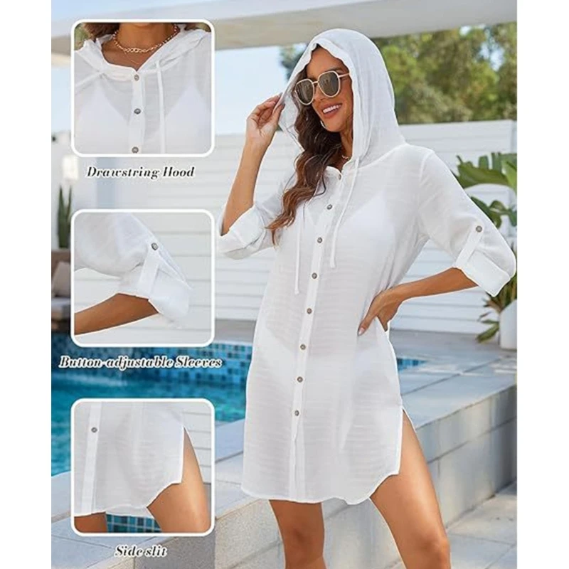 

Стильный солнцезащитный топ с капюшоном и длинными рукавами, дышащая пляжная накидка из полиэстера с текстурой, подходит для