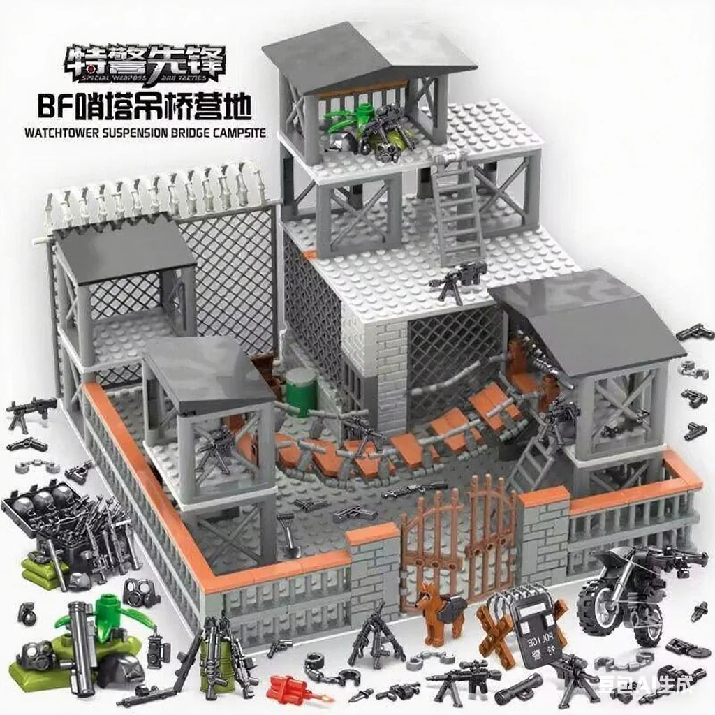 

High guard tower suspension Bridge military camp building blocks Set WW2 Military Base Construction Blocks Toys For Boys Kids