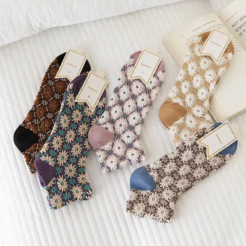 5Pairs Japan Korea Women Vintage Ethnic Flowers Socks Cotton Harajuku Kawaii Cute Skarpetkie Damski Floral Girls Dress Ankle Sox