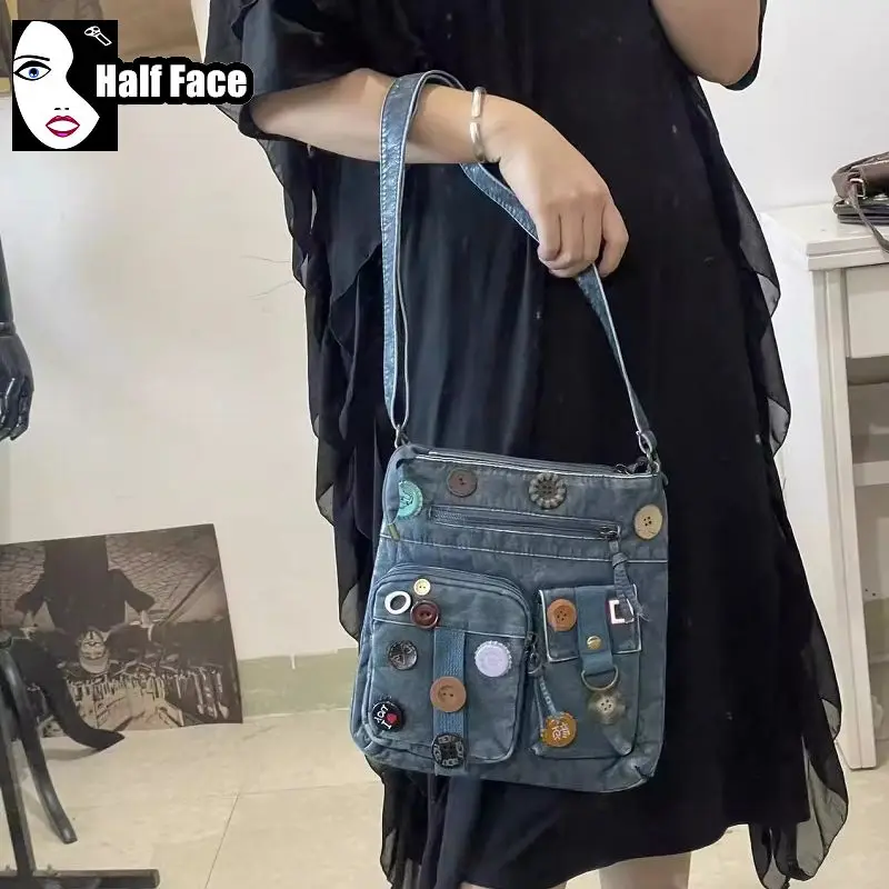 Y2K Spicy Girls Harajuku Women Retro Gothic Creative Buttons For Washed Denim Punk One Shoulder Lolita Design Crossbody Bag Tote