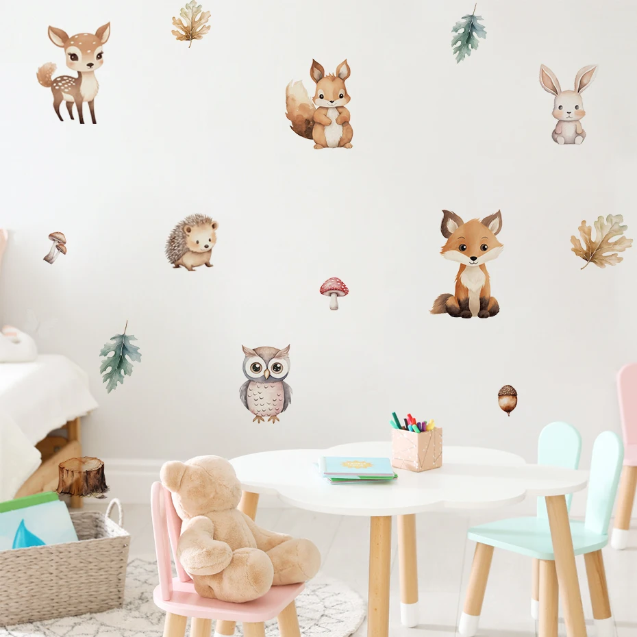 Cute Cartoon Safari Animals Fox Rabbit Owl Nursery Wall Stickers for Kids Rooms Living Room Decor Wall Decals Wallpaper