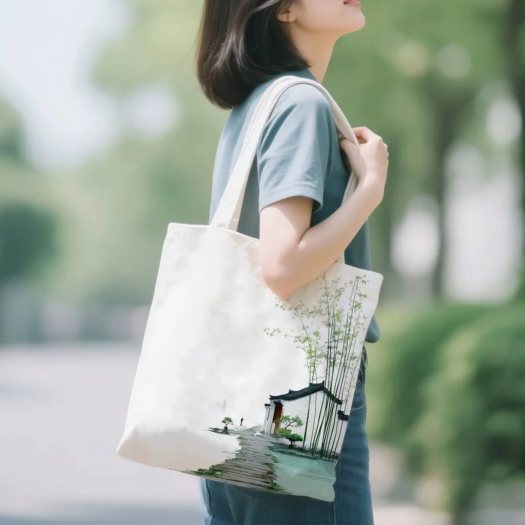Daily Shopping Bag Ink Landscape Printed Chinese Tote Bag Large Capacity Tote Bag Reusable For Hanging Out Dating School