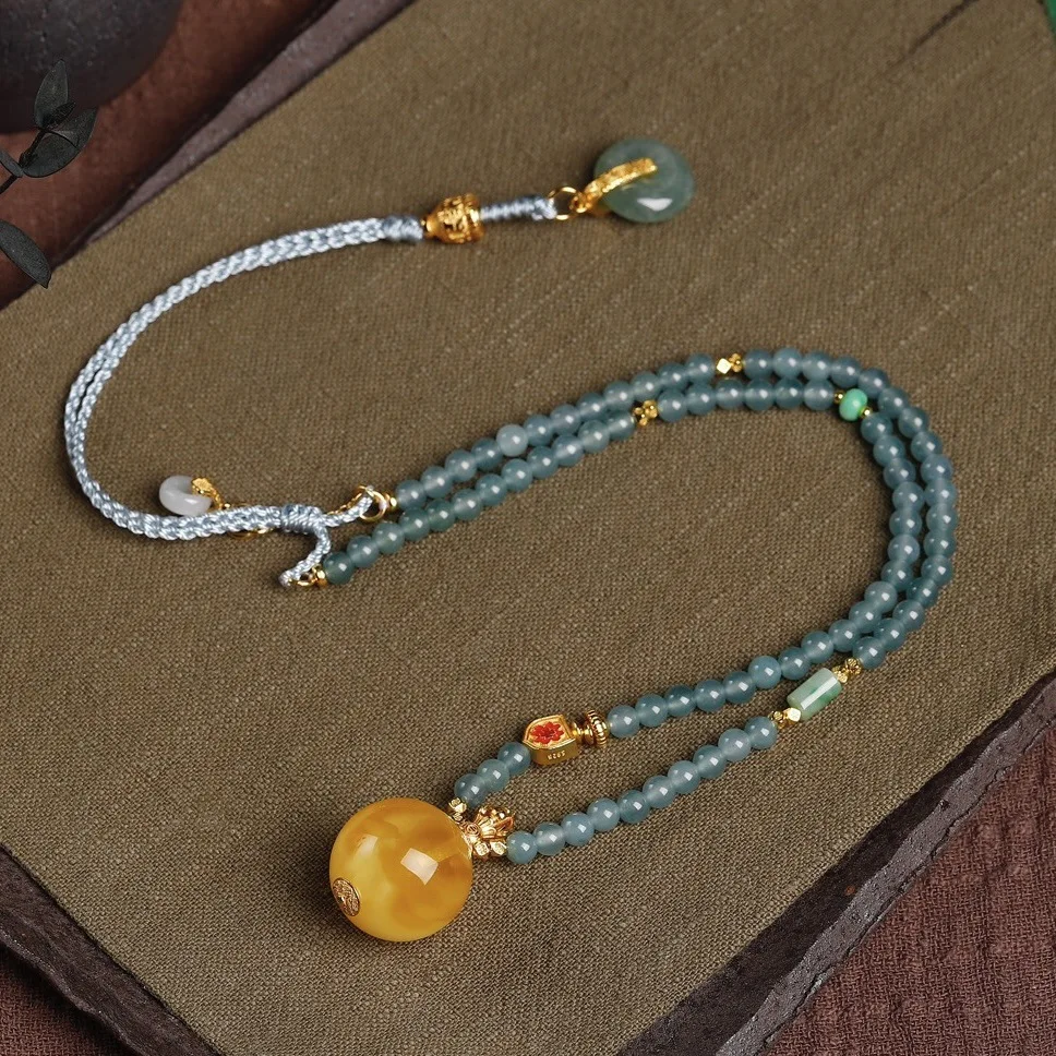 Natural Blue Water Jadeite & Amber Pendant Necklace, S925 Silver Enamel Multi-gem Long Necklace, Safety Clasp Tail