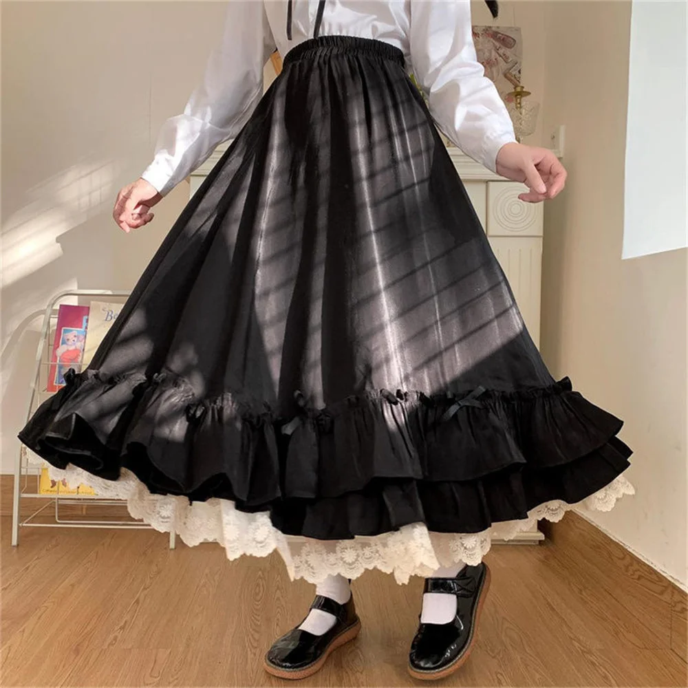 Korean Style Black White Half Skirt Female Long Skirts Japanese Solid Color Double Layer Vintage French Ruffled A-line Skirt