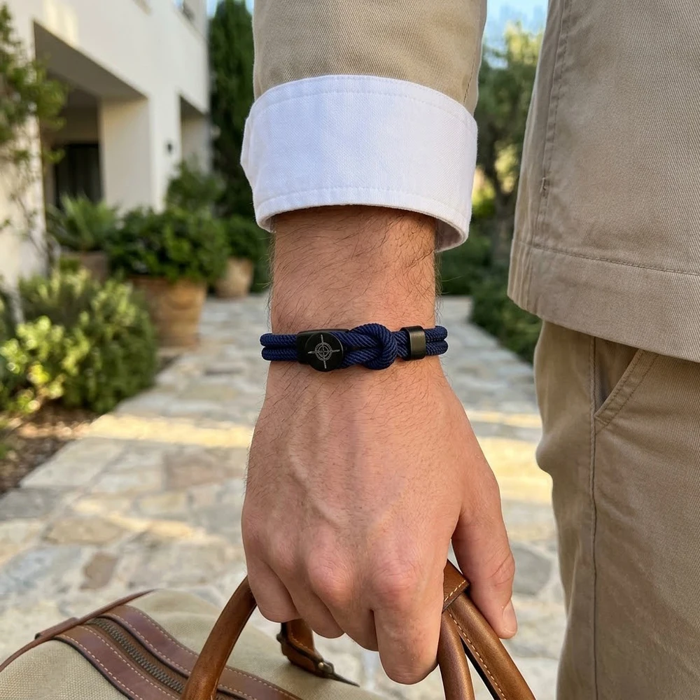 Men Milan Braided Rope Bracelet Laser Engraved Compass Pattern Bracelet Outdoor Survival Jewelry Gift
