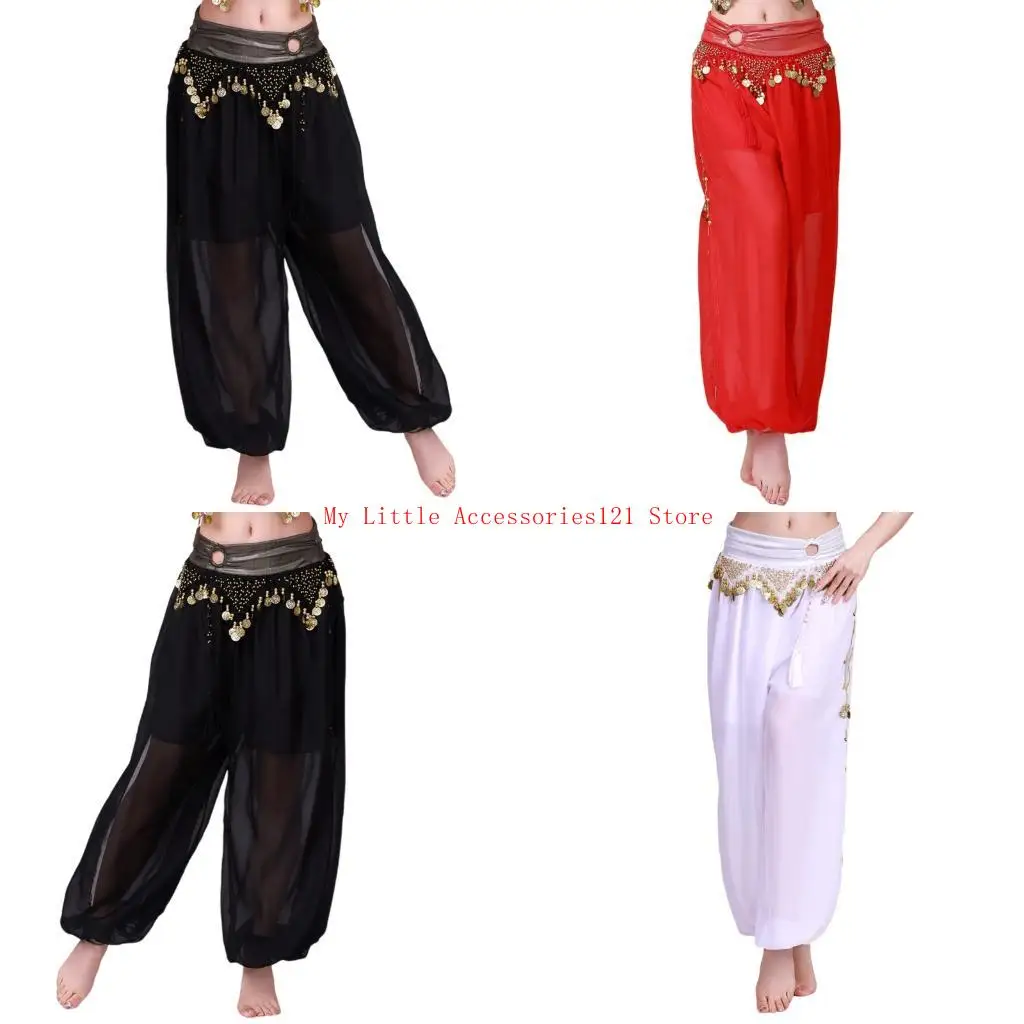  Belly Dance Costume Coin Lantern Pants Side Split Sequins Harems Pants Arabic Halloween Costume Accessory for Womens