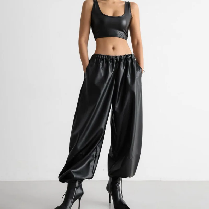 

Talenza Women High Waist PU Straight Beam Feet Pants Retro Soft Punk Faux Leather Casual Trousers 2025 Fall Winter Pants Female