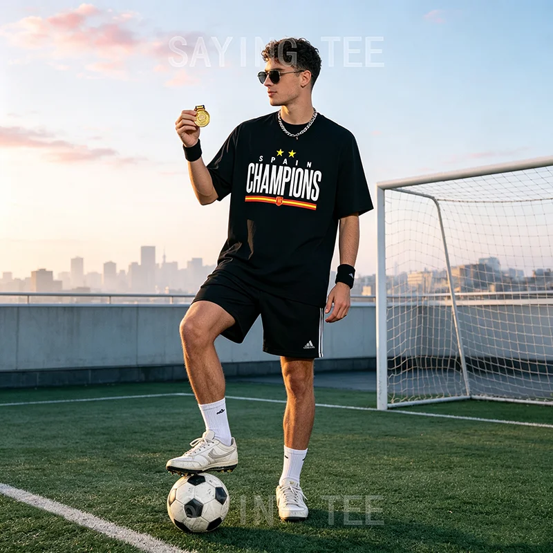 Spain Title Champion Soccer Futbol Crest Men's T-Shirt Y2k Espana Football Team Fans Clothes Humor Streetwear Saying Tee Novelty