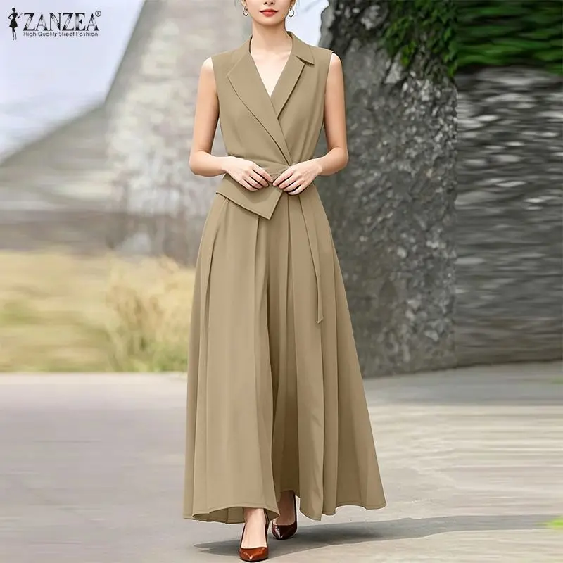 

2026 Summer Women Lapel Neck Sleeveless Jumpsuits ZANZEA Fashion Elegant OL Work Wide Leg Trousers Pleated Playsuits Rompers
