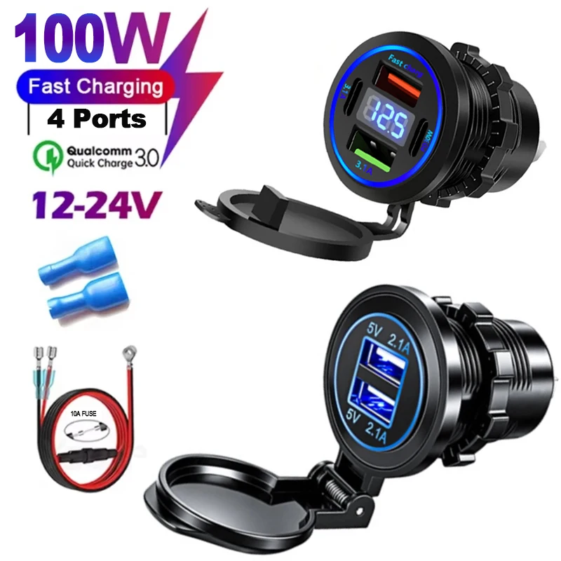 NEW 4 Ports 100W Car Charger Dual Type-C & Dual USB 4Ports Fast Charging with Voltmeter Socket Power Outlet Adapter For Car Boat