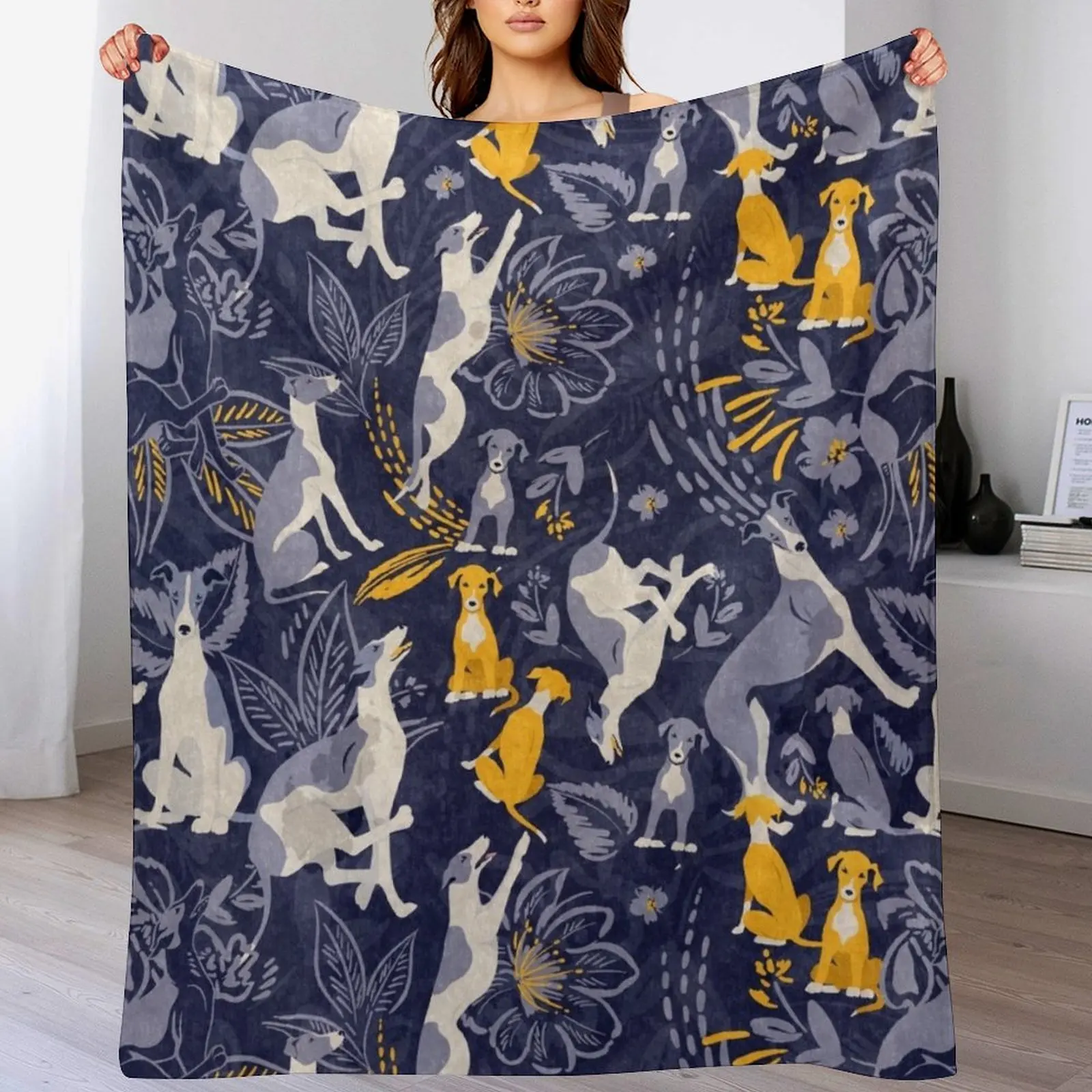 

Greyhound midnight blue and yellow pattern Throw Blanket Warm Throw Blanket Gift for Anniversary