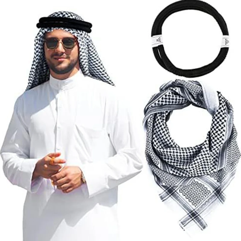 1set Dustproof Adult Shemagh Scarf with Hairband Multi Purpose Keffiyeh Headscarf Adjust Religious Scarf Outdoor Scarf