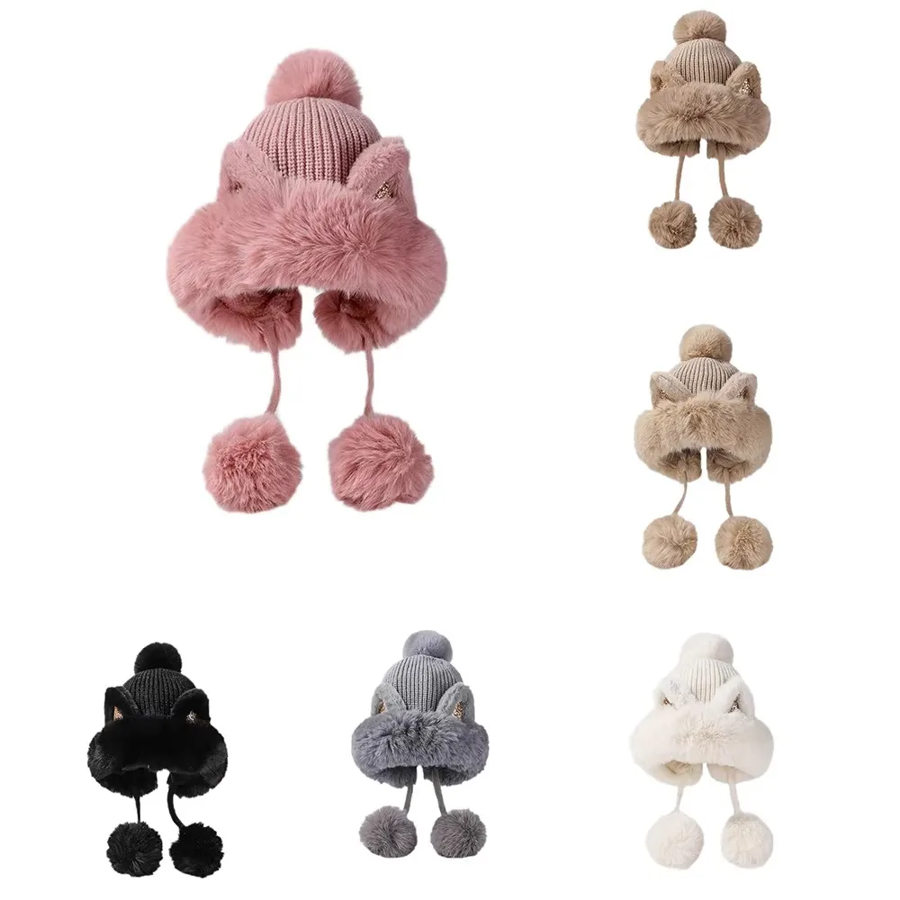 Новые теплые вязаные шапки с героями мультфильмов, плюшевая шапка с кошачьими ушками, пушистая меховая шапка-бини, утепленная шапка, зимняя шапка