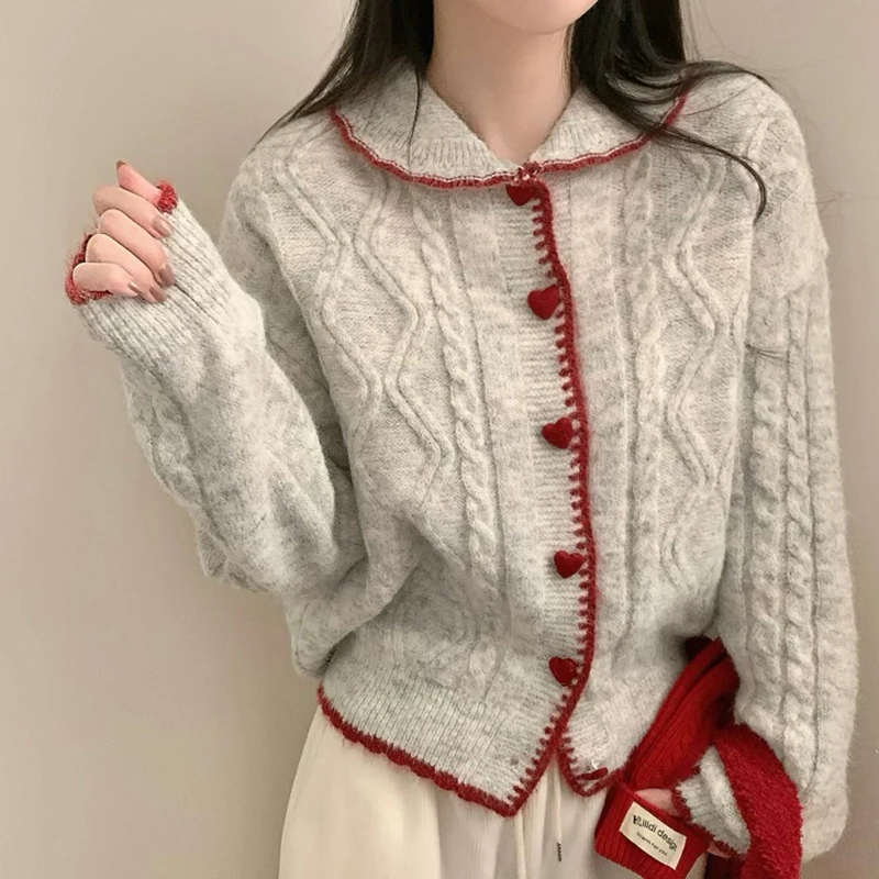 Słodkie, delikatne kardigany z dzianiny, jesienne damskie swetry z kołnierzykiem Piotrusia Pana, zapinane na jeden guzik, płaszcze w stylu koreańskim, modne topy.