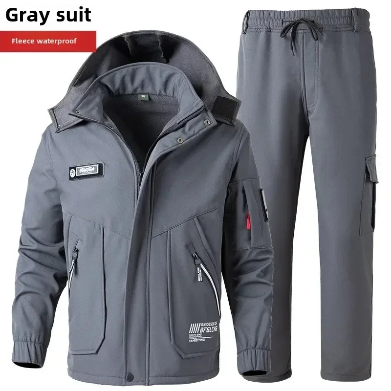 Windproof Waterproof Thermal Workwear Men's Overalls Winter Fleece-Lined and Thickened Casual Western Suit For Outdoor Jobs