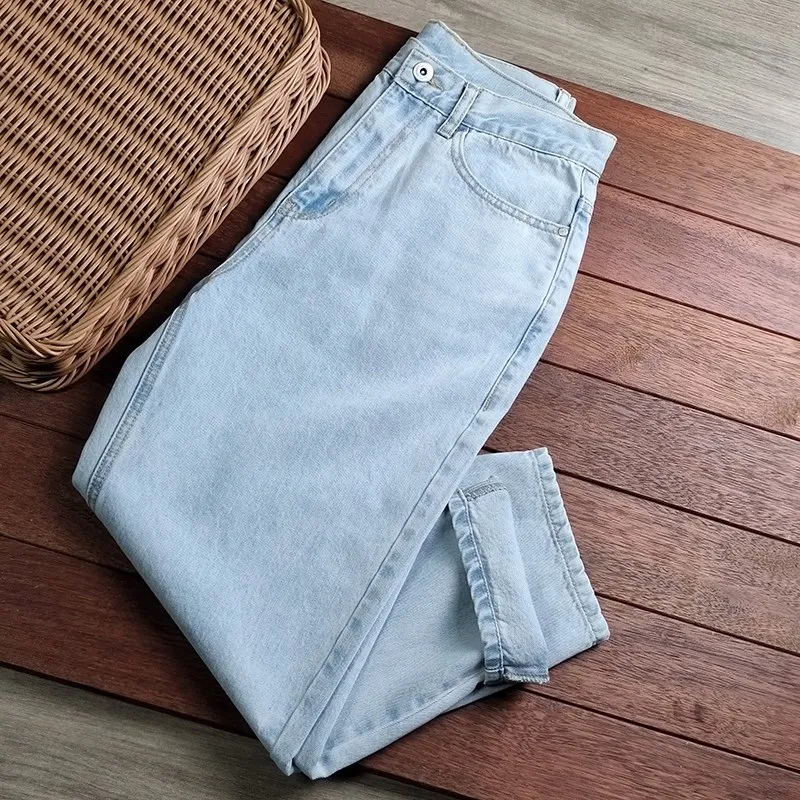 

Летние мужские джинсы свободного кроя из легкого денима с эффектом потертости, укороченные, прямые, модные, повседневные, удобные, дышащие