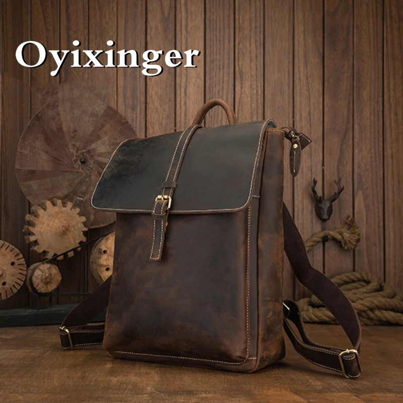 

OYIXINGER New Handmade Crazy Horse Genuine Leather Backpack 2024 Retro Men Notebook Schoolbag Large Capacity Cowhide Travel Bag