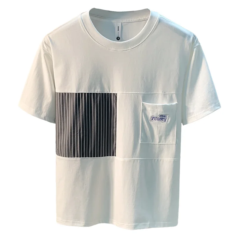 2025 New Men's Splicing Short Sleeve T-shirt Trendy Brand American Loose Summer Breathable Comfortable Striped Clothing