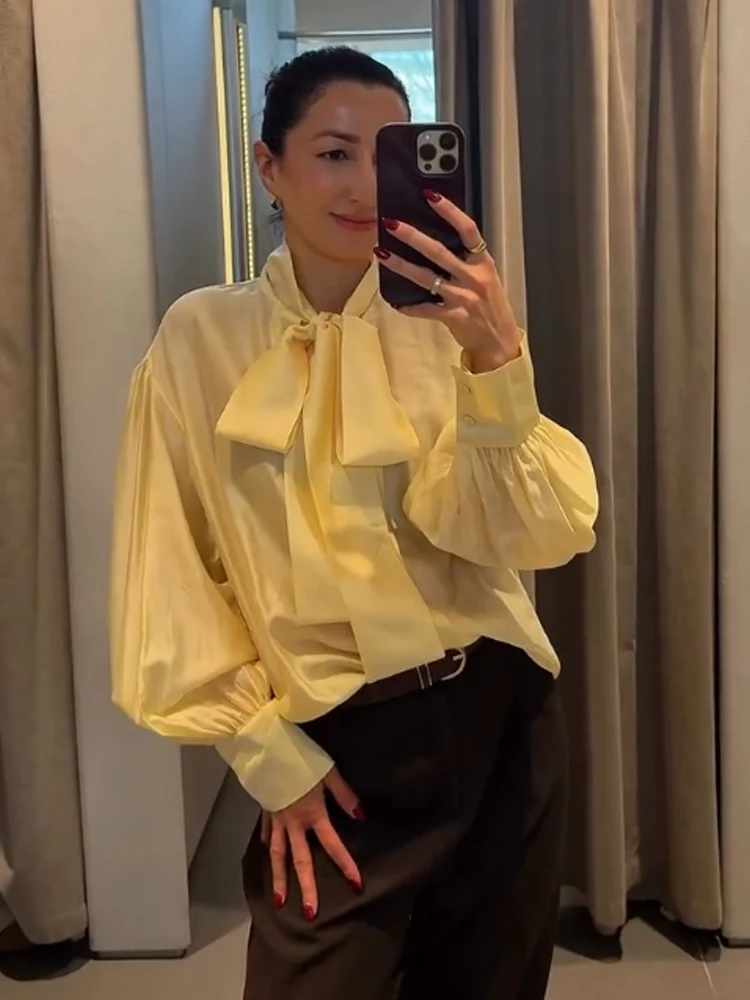 

HH Woman Elegant Long Sleeves Loose Solid Blouse Tops Women's Spring Bow Folds Decoration Casual Commuting Versatile Shirt Mujer