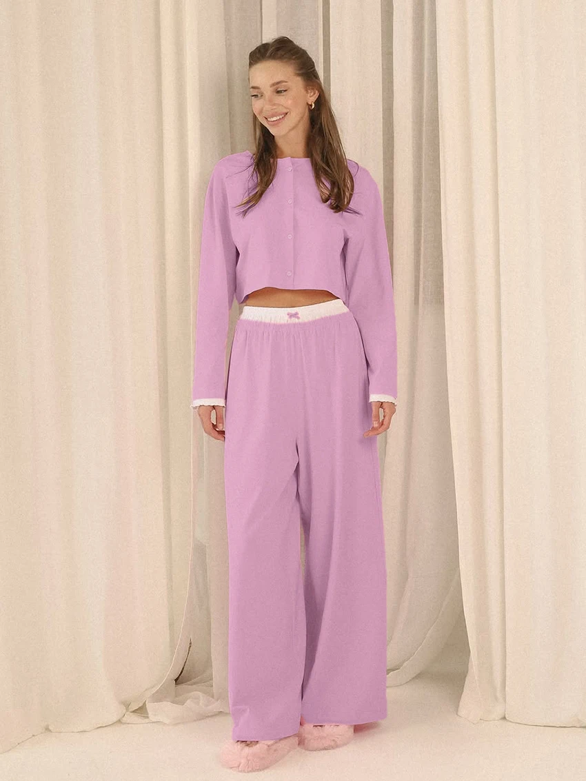 

Marthaqiqi вязаная женская ночная рубашка комплект с круглым вырезом пижамы с длинными рукавами укороченный топ ночная рубашка брюки повседневная женская ночная рубашка костюм