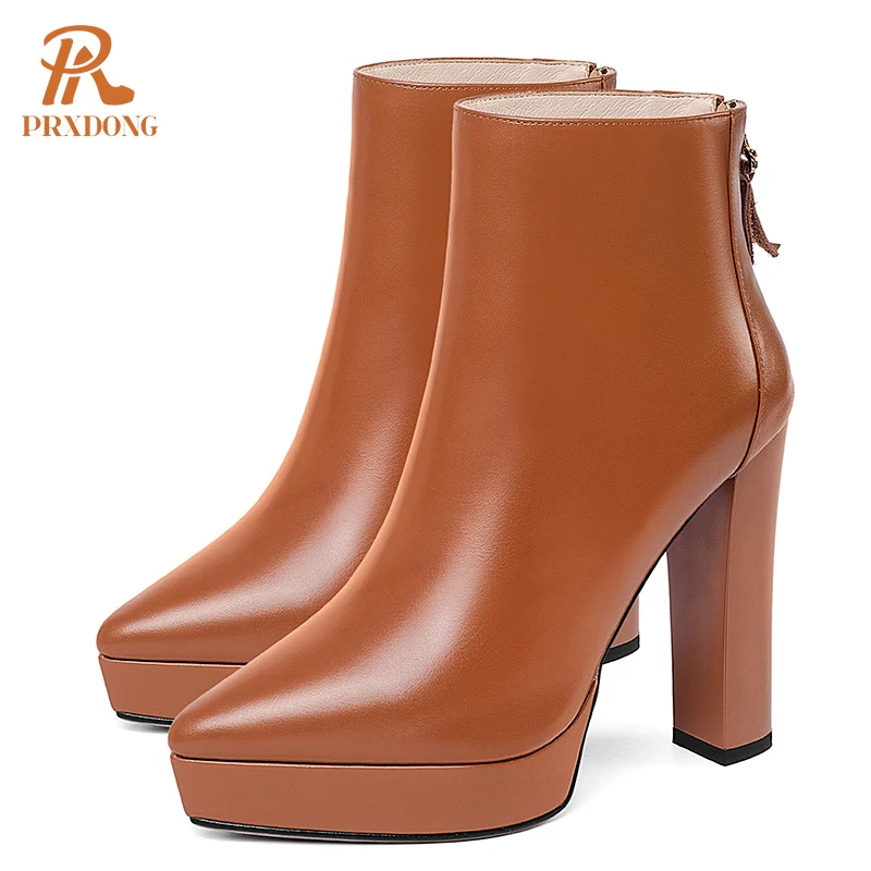 PRXDONG Brand Women\'s Ankle Boots Chunky High Heels Platform Black Beige Autumn WInter Warm Shoes Genuine Leather Office Shoes