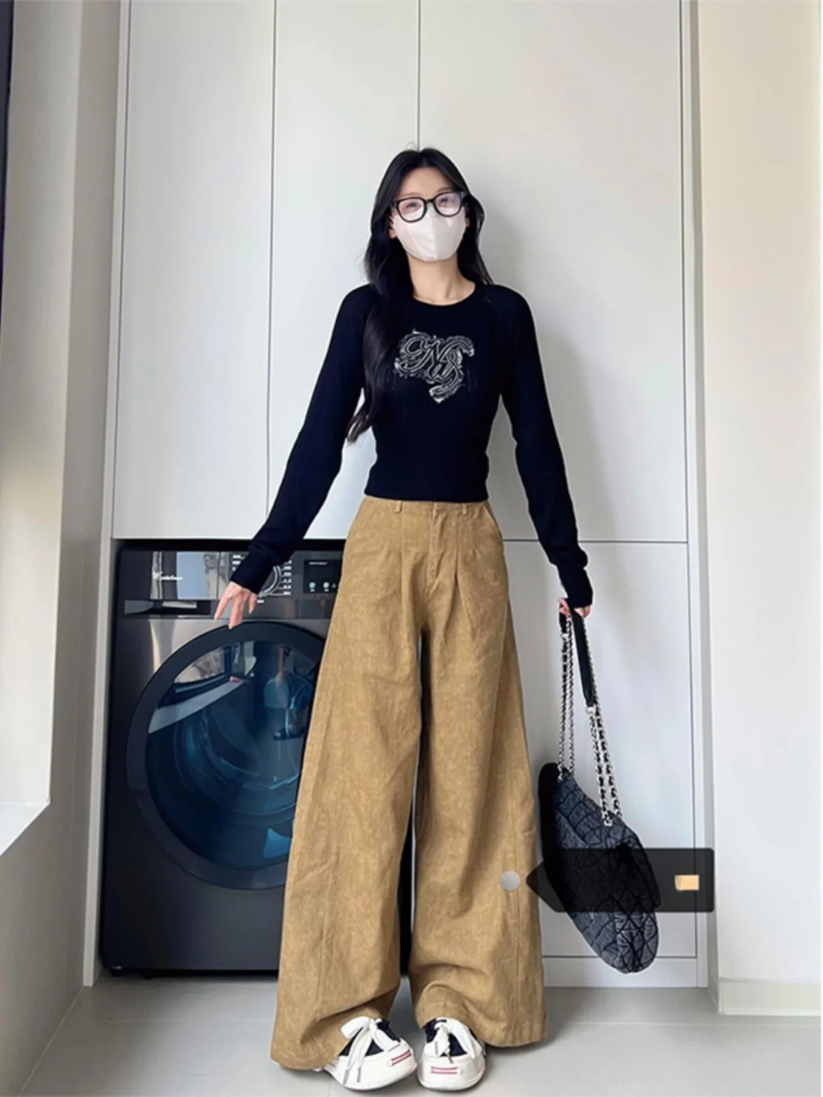 Loose Wide Leg Denim Jeans Women's Autumn Lazy Loose Feeling Micro Plump Yellow Leaf Mermaid Pants High Waist Long Trousers