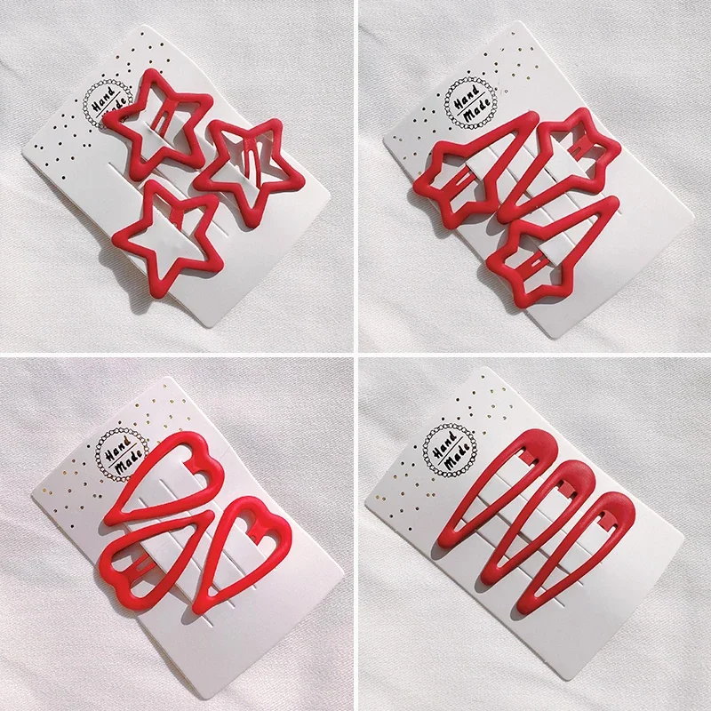 3Pcs Red New Year Hairpins Christmas Headwear Star Heart Love Geometry Barrettes Kids BB Clips Hair Accessories Sided Clip
