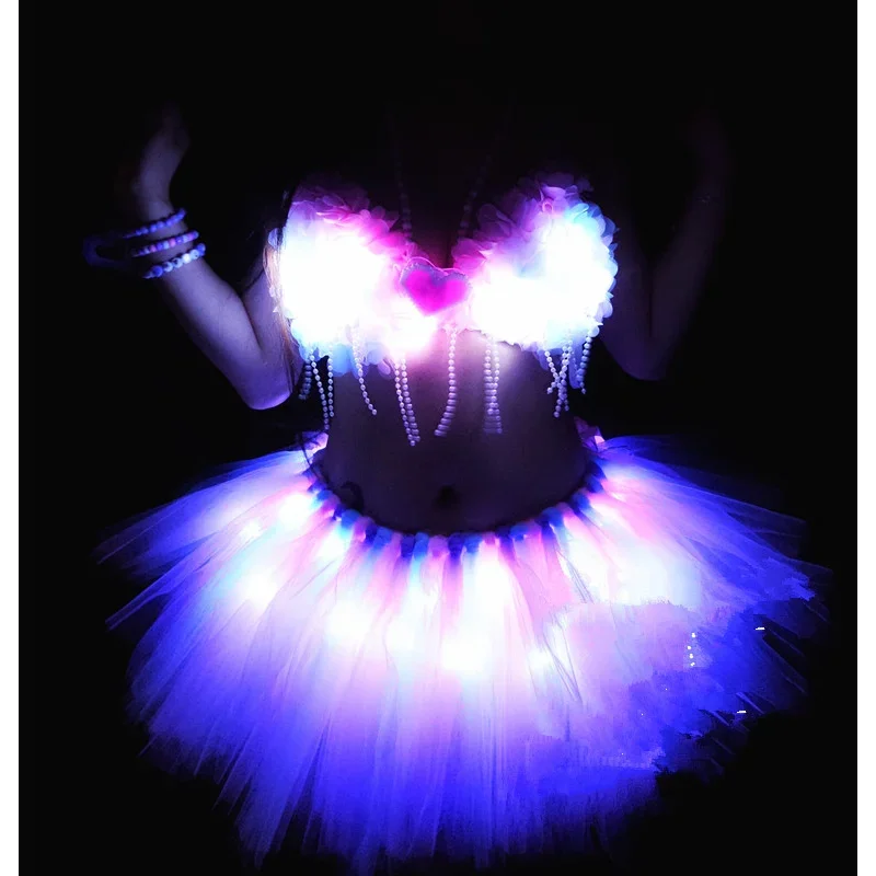 LED Party Dance Costume Festival Rave Outfit Female Lighting Up Clothing Bra Top Tutu Skirt Set Nightclub DJ Gogo Dancer Suit