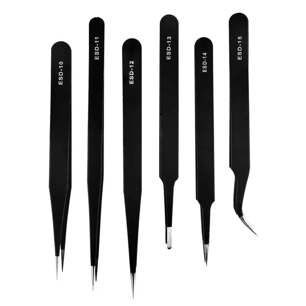 6 Pcs ESD Stainless Steel Tweezer Tools Precision Antistatic Industrial Precision Curved Straight Tweezers Repair Tools for Labs